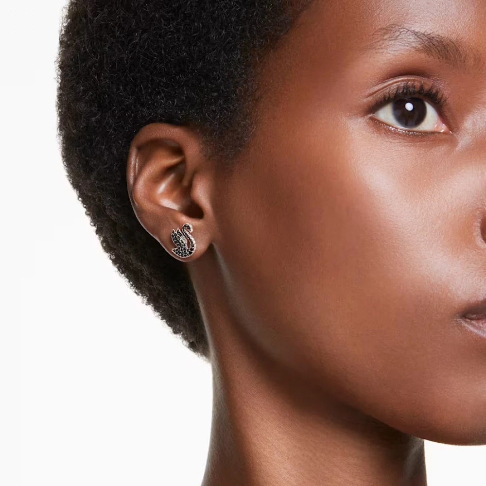 SWAROVSKI Σκουλαρίκια με καρφάκι Swarovski Swan Κύκνος, Μαύρα, Επιμετάλλωση σε ροζ χρυσό τόνο 5684608