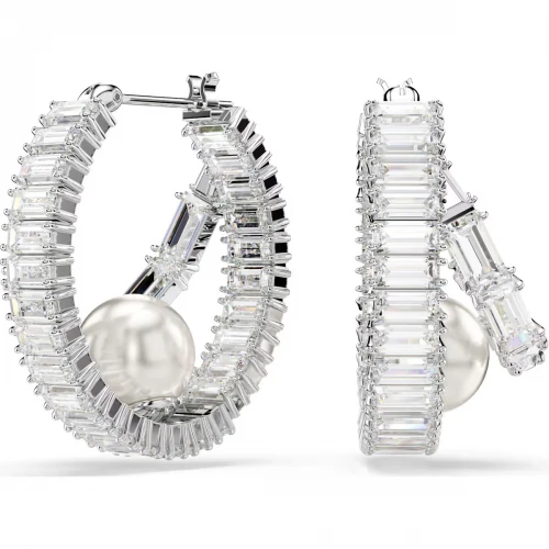 SWAROVSKI Σκουλαρίκια κρίκοι, Crystal pearl, Baguette Κοπή, Λευκό, Επιροδιωμένο 5720868
