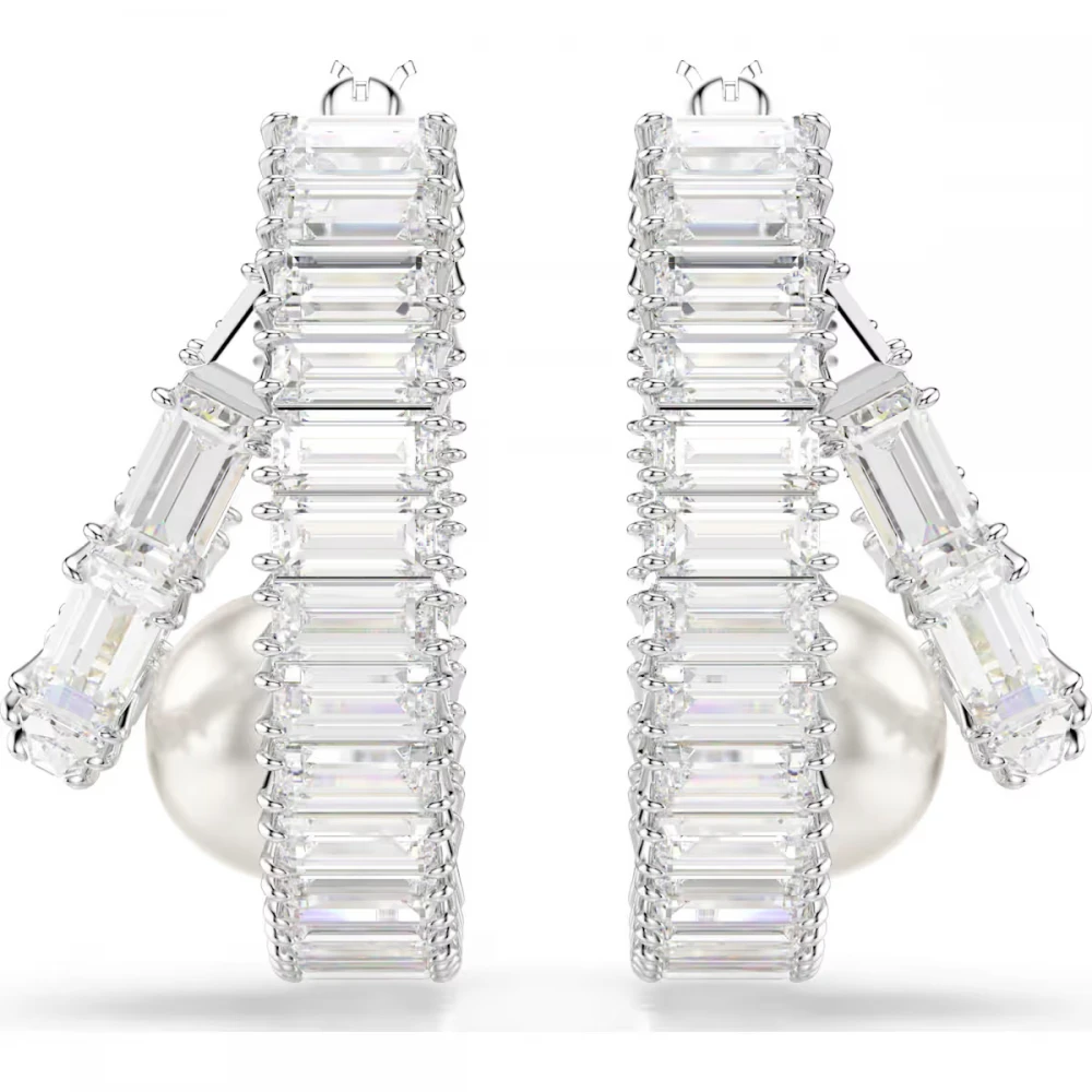 SWAROVSKI Σκουλαρίκια κρίκοι, Crystal pearl, Baguette Κοπή, Λευκό, Επιροδιωμένο 5720868