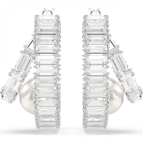 SWAROVSKI Σκουλαρίκια κρίκοι, Crystal pearl, Baguette Κοπή, Λευκό, Επιροδιωμένο 5720868