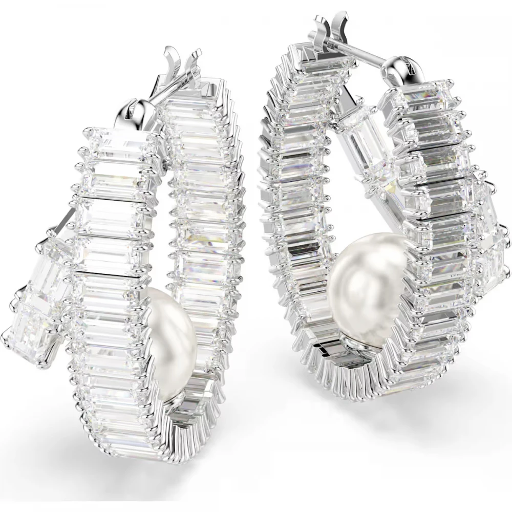 SWAROVSKI Σκουλαρίκια κρίκοι, Crystal pearl, Baguette Κοπή, Λευκό, Επιροδιωμένο 5720868