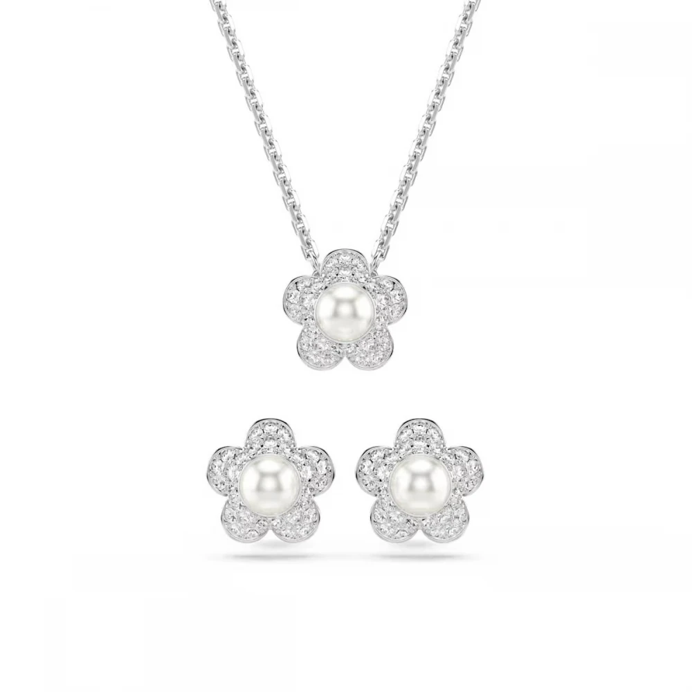 SWAROVSKI Angelic Set, Ariana Grande, Crystal pearl, Στρογγυλή κοπή, Λευκό, Λουλούδι, Επιροδιωμένο 5749180