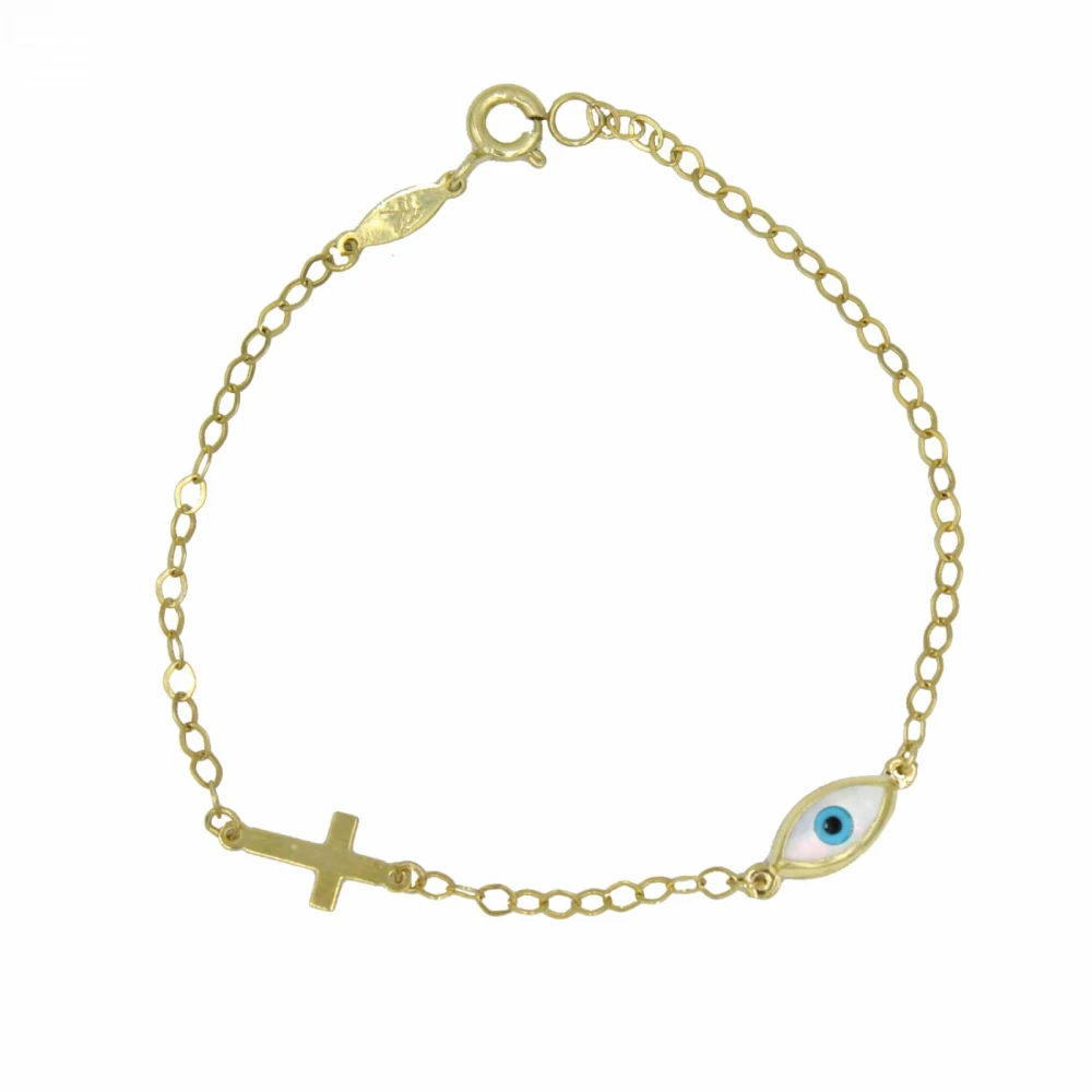 9K Χρυσό Bραχιόλι με Ματάκι και Σταυρό BP153BJ