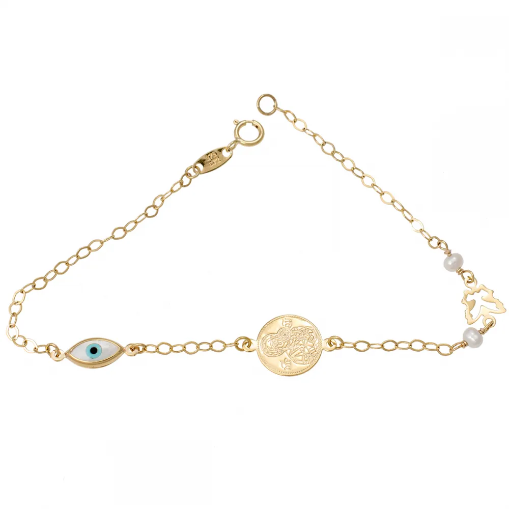 9K Χρυσό Βραχιόλι Παιδικό με Κωνσταντινάτο, ματάκι και μαργαριτάρια BR130AF-2