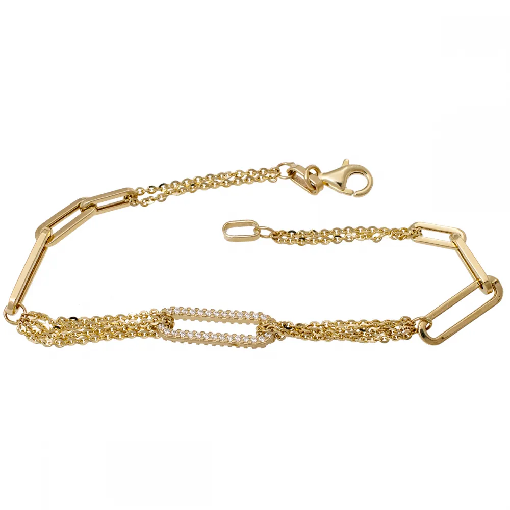14K Χρυσό Bραχιόλι με Ζιργκόν Κρίκους & Τριπλές Αλυσίδες BR400-0