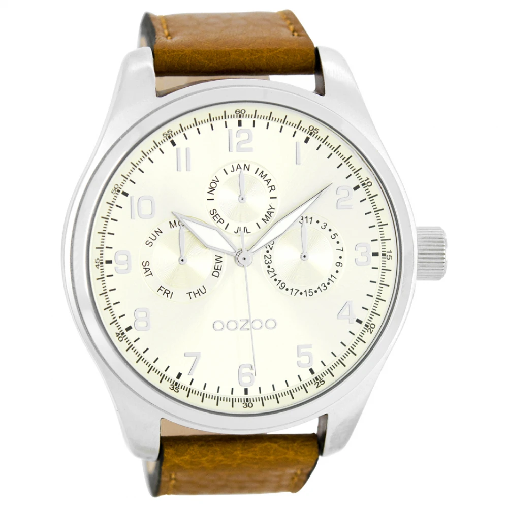 OOZOO Timepieces με Καφέ Δερμάτινο Λουράκι και Κάσα σε Ασημί Τόνο C8596