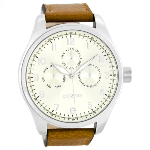 OOZOO Timepieces με Καφέ Δερμάτινο Λουράκι και Κάσα σε Ασημί Τόνο C8596