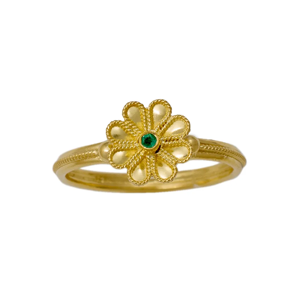 18K Χρυσό Δαχτυλίδι Χειροποίητο σχέδιο Λουλούδι & Σμαράγδι D1008EM002