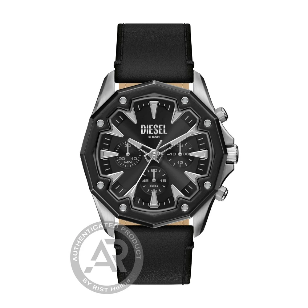 DIESEL Stinger Χρονογράφος με Μαύρη κάσα και Μαύρο Δερμάτινο Λουράκι DZ4710