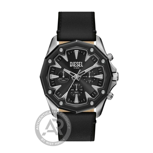 DIESEL Stinger Χρονογράφος με Μαύρη κάσα και Μαύρο Δερμάτινο Λουράκι DZ4710