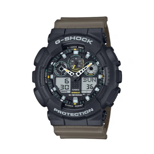 CASIO G-Shock Χρονογράφος Διπλής Ώρας με Λαδί Λουράκι από Καουτσούκ GA-100TU-1A3ER