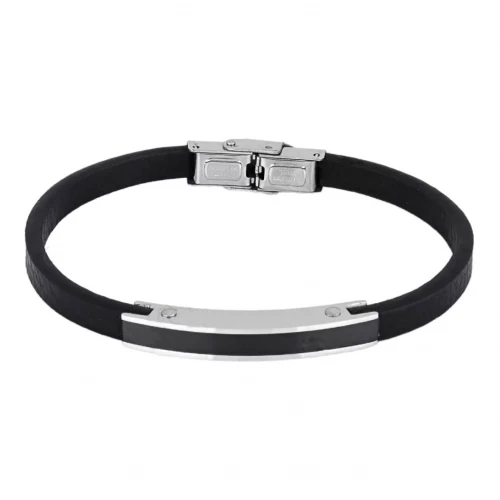 Βραχιόλι από Ανοξείδωτο Ατσάλι και Μαύρο Δέρμα HBS5016
