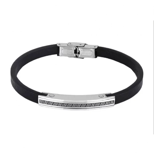 Βραχιόλι από Ανοξείδωτο Ατσάλι και Μαύρο Δέρμα SSD5781SR