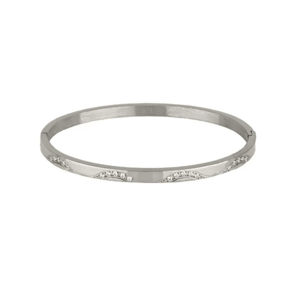 Ασημί Βραχιόλι Χειροπέδα από Ανοξείδωτο Ατσάλι με Λευκά Ζιργκόν HBS8737