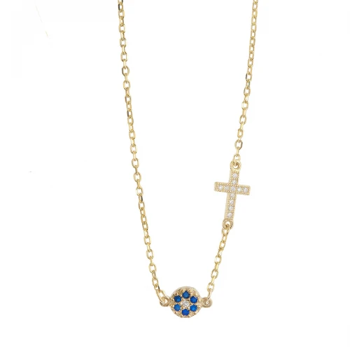 9K Χρυσό Κολιέ με Σταυρό και Ματάκι και Ζιργκόν KL1139VRG