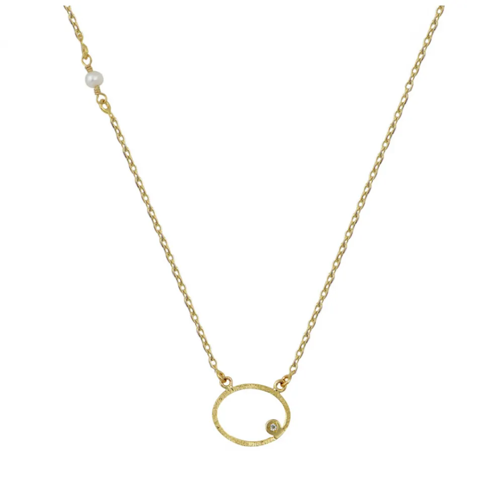 14K Χρυσό Κολιέ με Οβάλ Μενταγιόν, Μαργαριτάρι και Ζιργκόν KL191AV