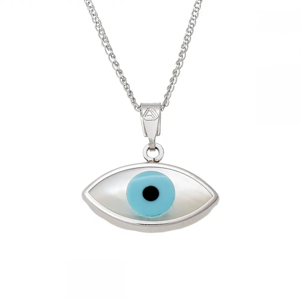 14K Λευκόχρυσο Κολιέ Μάτι με Φίλντισι, Μαύρο Όνυχα και Τουρκουάζ KL250KN