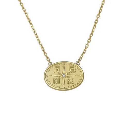 14K, Χρυσό Κωνσταντινάτο Διπλής Όψεως με Διαμάντι και Αλυσίδα KN161TB