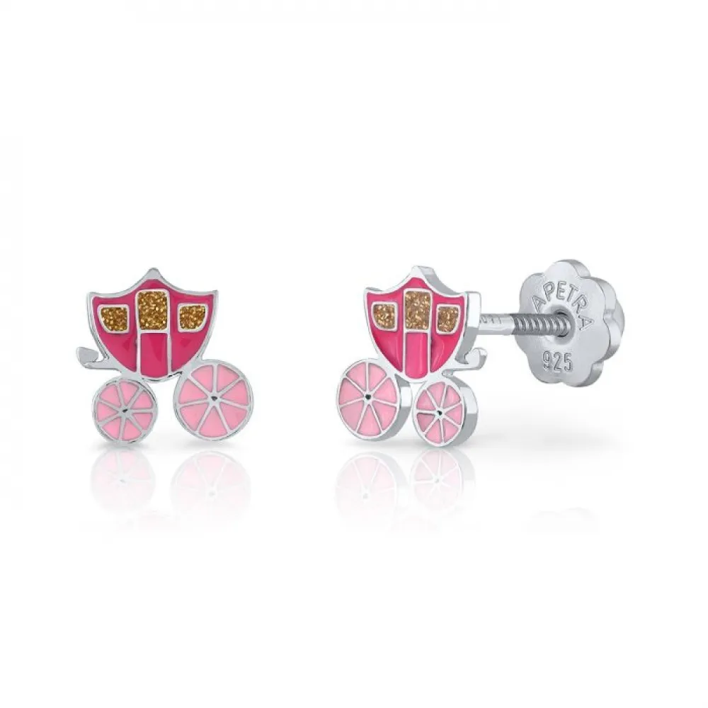 Lapetra 925 Ασημένια Σκουλαρίκια ,Καρφωτά, Άμαξα με Ροζ Σμάλτο, LP101
