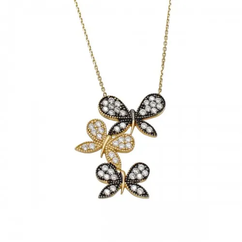 14K Χρυσό Κολιέ "Πεταλούδες" Με Μαύρα & Λευκά Ζιργκόν M001364