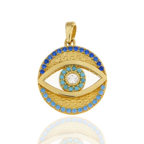 14K, Χρυσό Κωνσταντινάτο, Διπλής Όψεως με Ματάκι και Ζιργκόν P494KRN