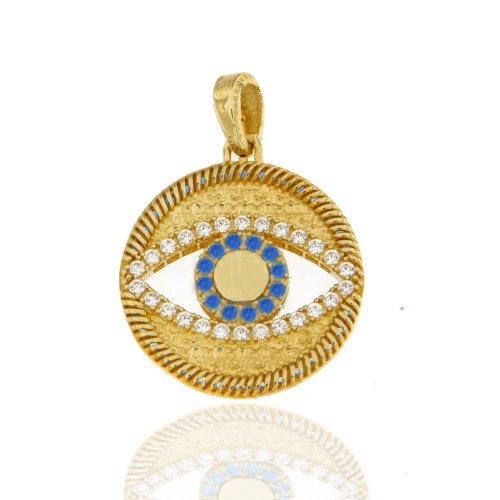 14K, Χρυσό Κωνσταντινάτο, Διπλής Όψεως με Ματάκι και Ζιργκόν P494KRN