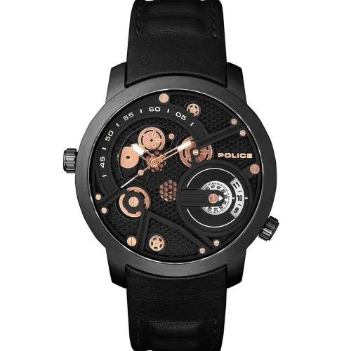 POLICE Kingsbridge Dual Time Black Leather Strap PL.15471JSB/02