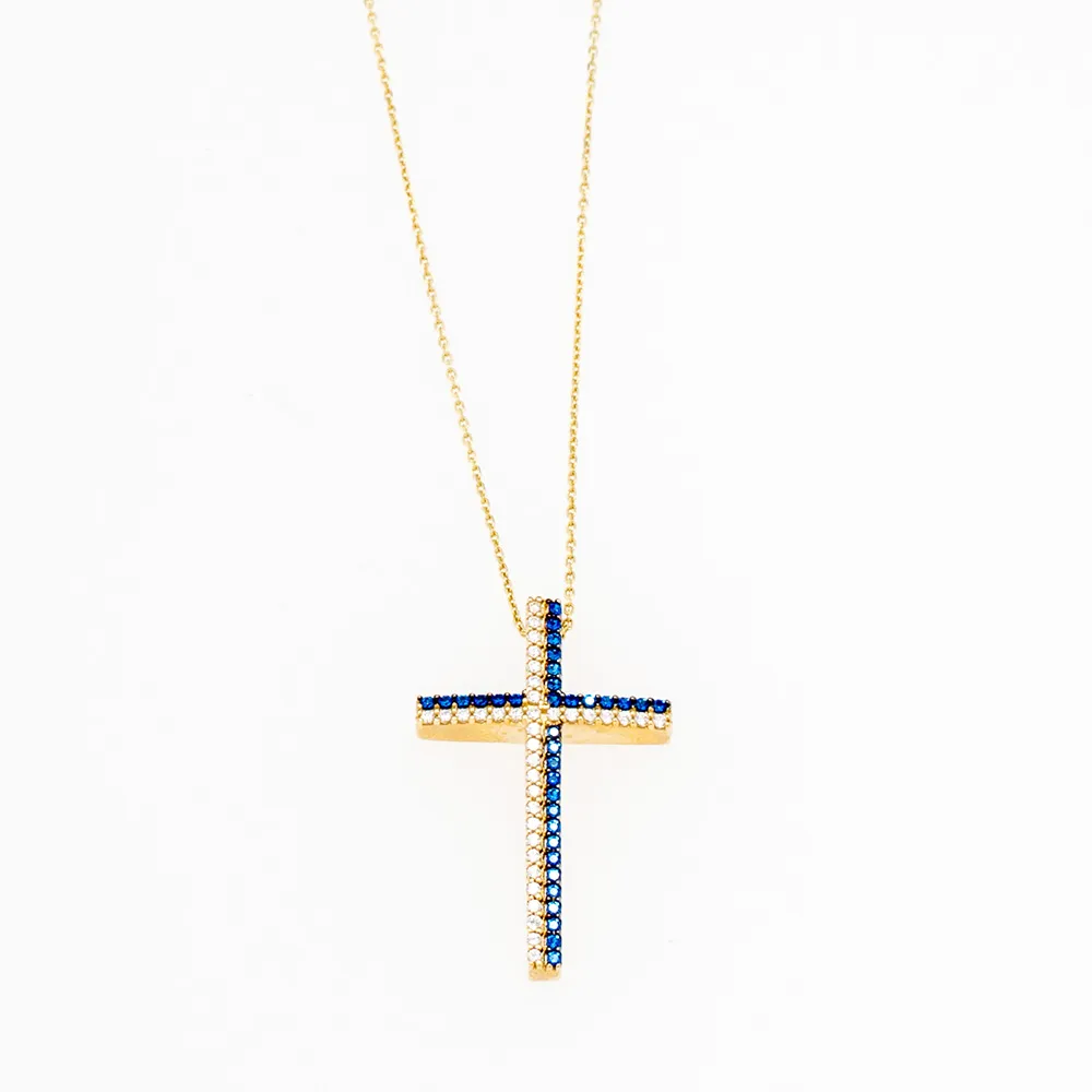 14Κ Χρυσός Σταυρός με Λευκά & Μπλε Ζιργκόν S000474