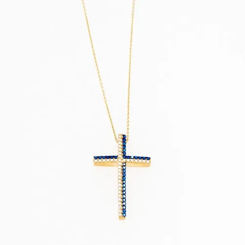 14Κ Χρυσός Σταυρός με Λευκά & Μπλε Ζιργκόν S000474