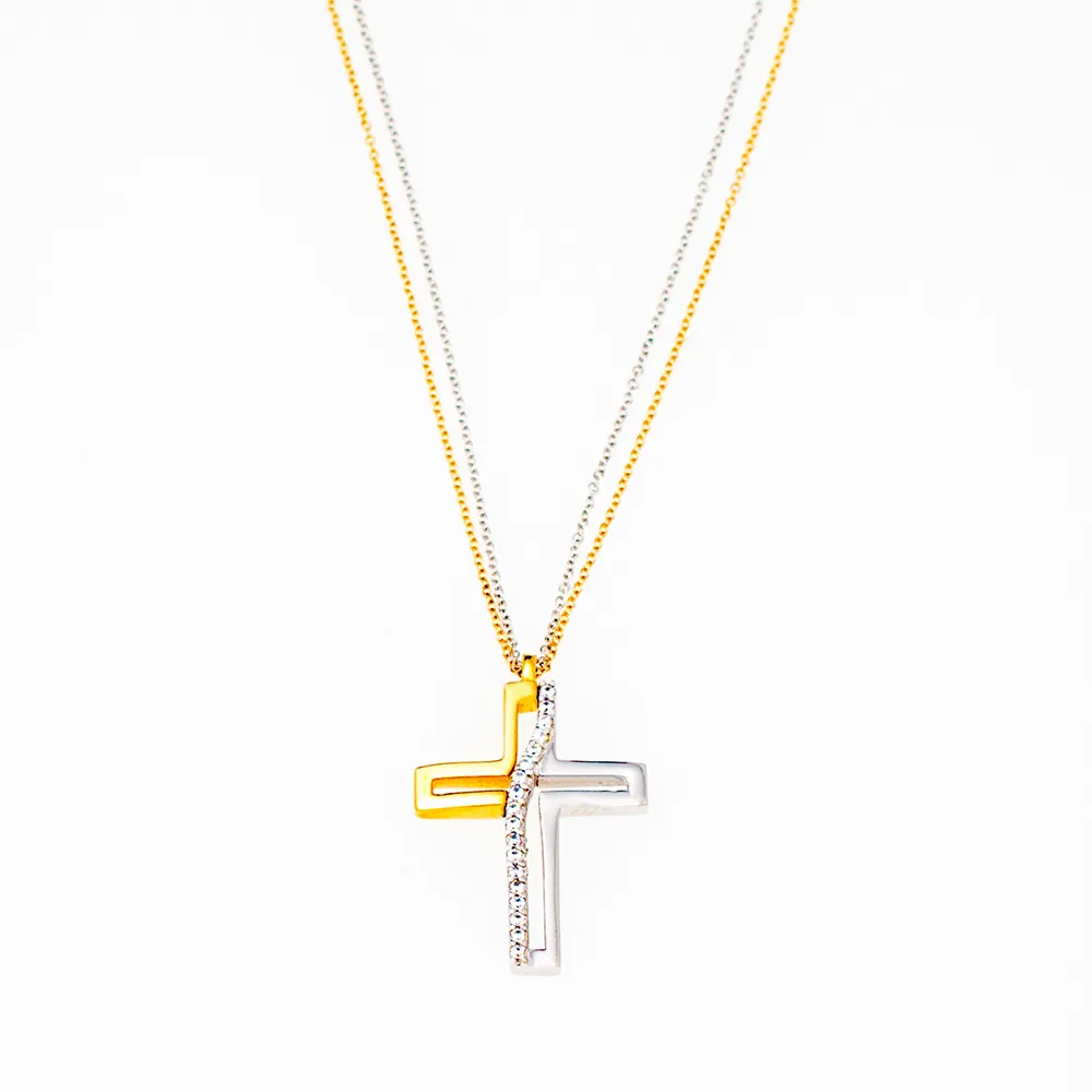 14Κ Χρυσός Δίχρωμος Σταυρός με Ζιργκόν & Διπλή Αλυσίδα S000645