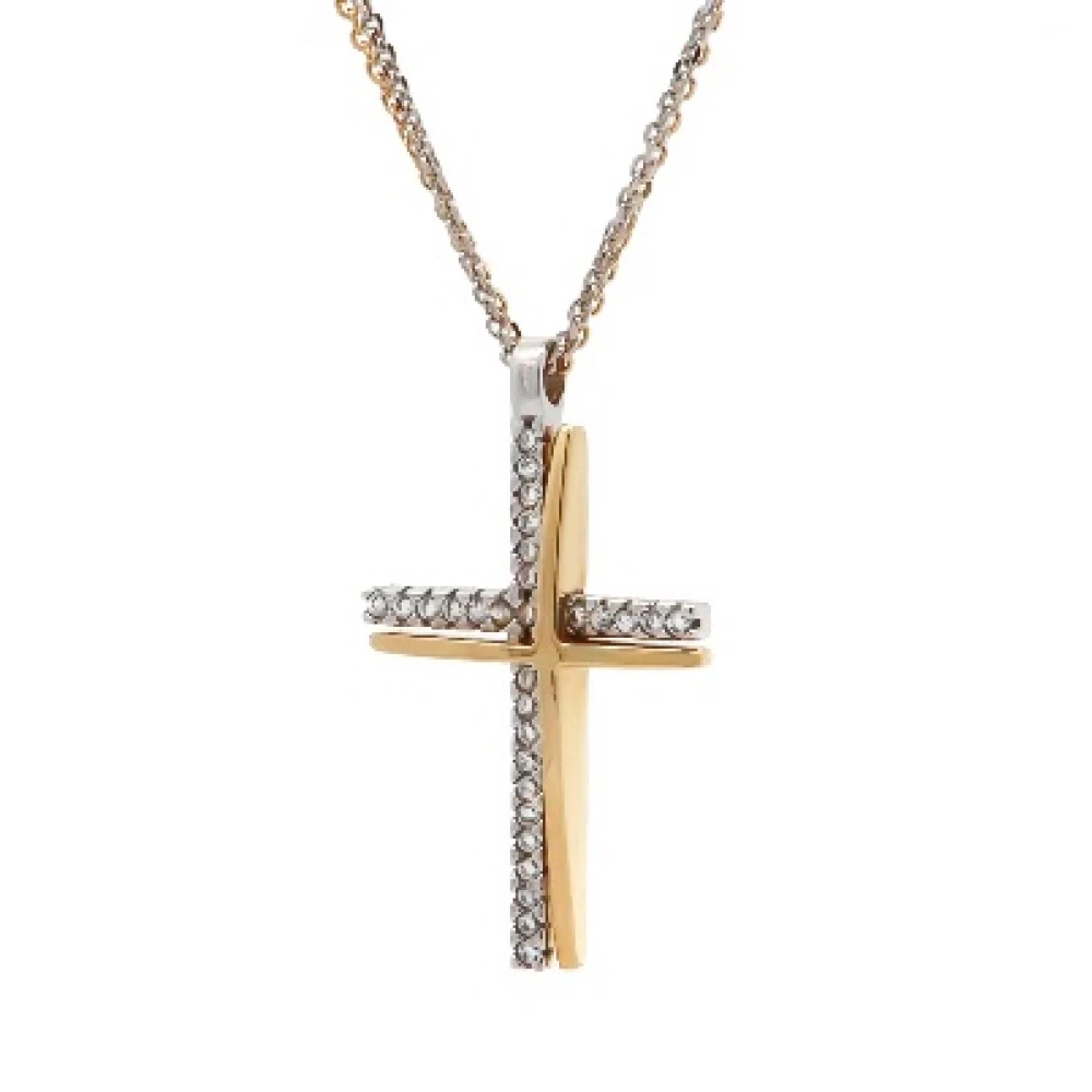 14Κ Χρυσός Δίχρωμος Σταυρός με Ζιργκόν & Διπλή Αλυσίδα S000759