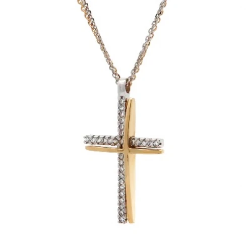 14Κ Χρυσός Δίχρωμος Σταυρός με Ζιργκόν & Διπλή Αλυσίδα S000759