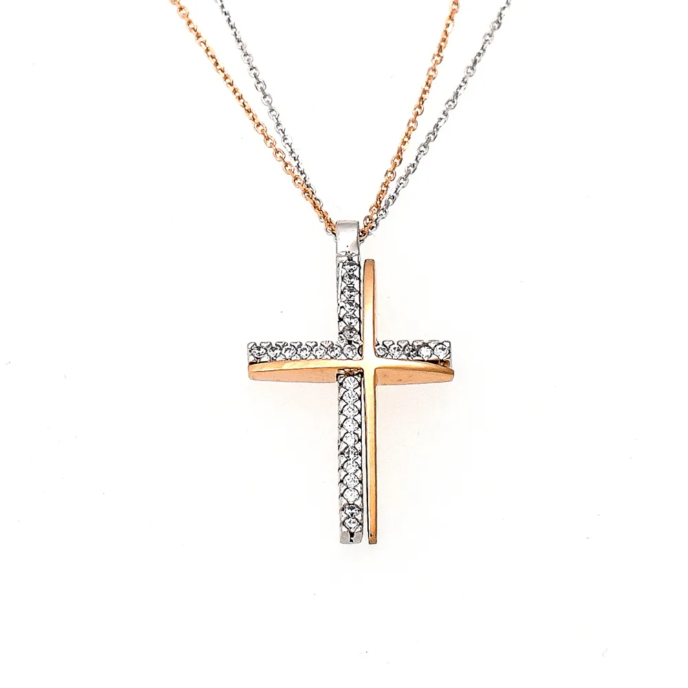 14Κ Χρυσός Δίχρωμος Σταυρός με Ζιργκόν & Διπλή Αλυσίδα S000759