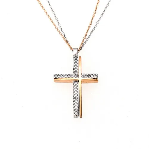 14Κ Χρυσός Δίχρωμος Σταυρός με Ζιργκόν & Διπλή Αλυσίδα S000759