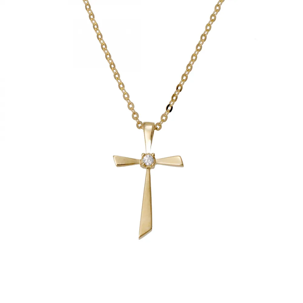 14Κ Χρυσός Σταυρός με Ζιργκόν και Αλυσίδα S000771PS