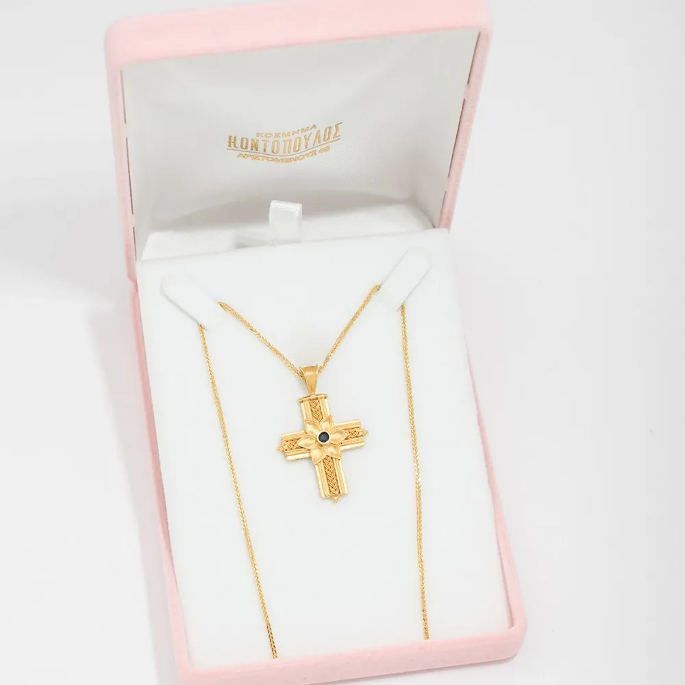 18K Χρυσός Σταυρός Χειροποίητος με Ζαφείρι S29310