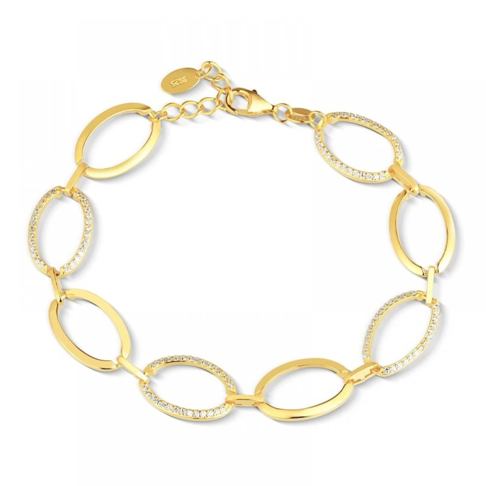 925 Ασήμι Επιχρυσωμένο Βραχιόλι με "Κρίκους" και Λευκά Ζιργκόν SSBR74217CCS