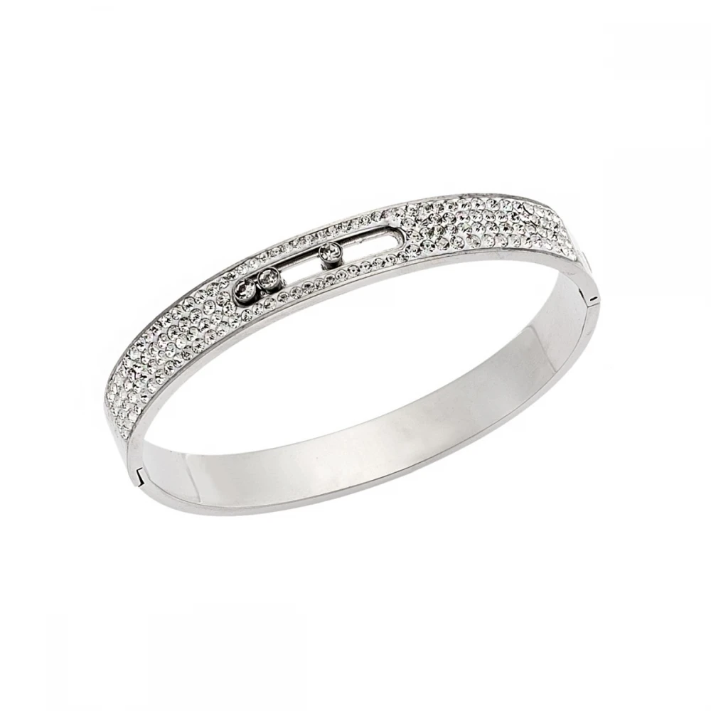 SENZA Ατσάλινη Ασημί Χειροπέδα με Λευκές Πέτρες SSD4028SR