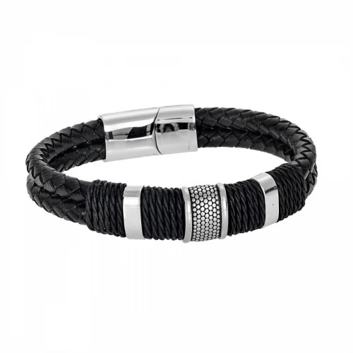 Senza Βραχιόλι από Ανοξείδωτο Ατσάλι και Μαύρο Δέρμα SSD4239SR