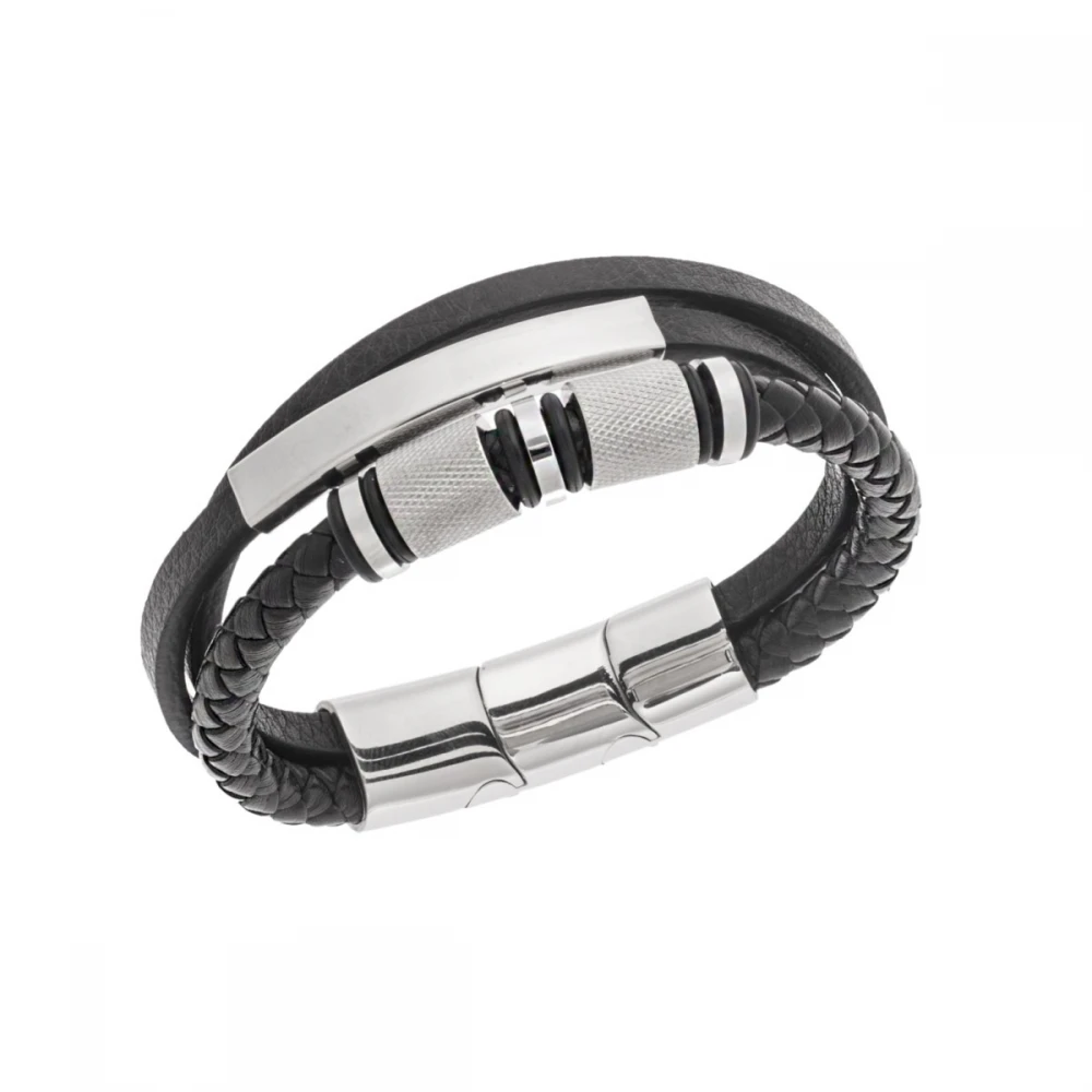 Senza Βραχιόλι από Ανοξείδωτο Ατσάλι και Μαύρο Δέρμα SSD4653-2SBK
