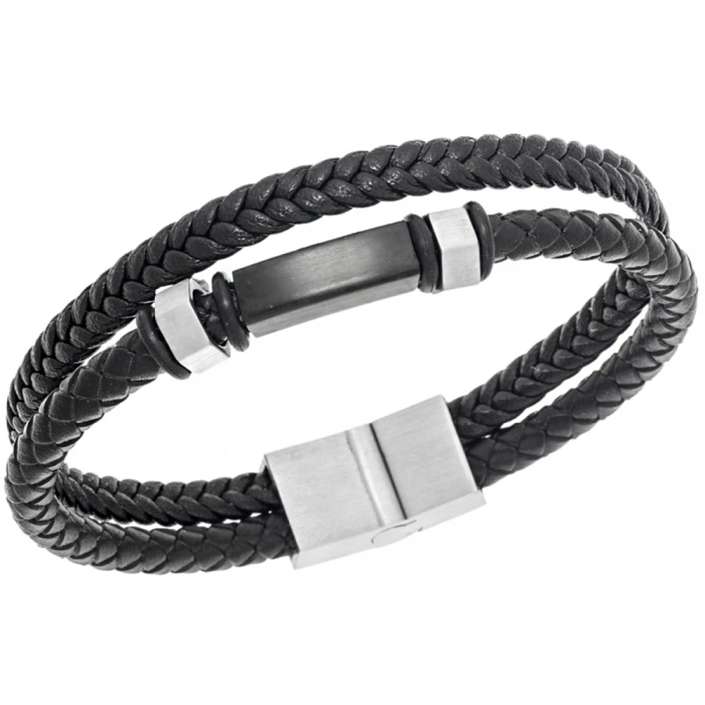 Senza Βραχιόλι από Ανοξείδωτο Ατσάλι και Μαύρο Δέρμα SSD4665SBK