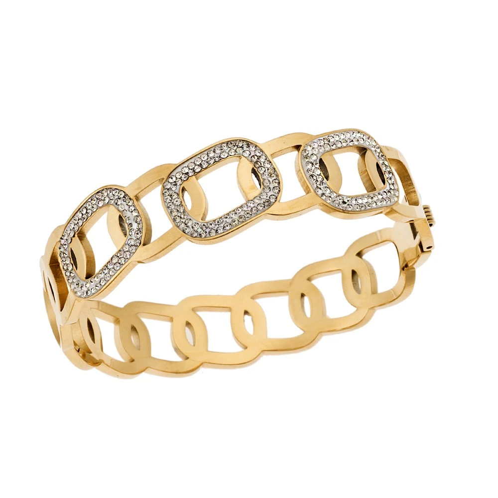 SENZA Ατσάλινη Επιχρυσωμένη Χειροπέδα με λευκές πέτρες SSD5224GD