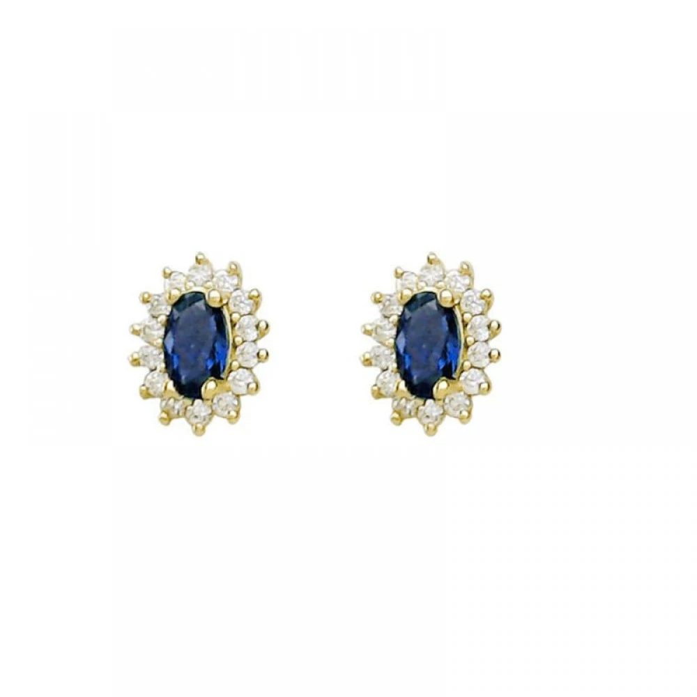 925 Ασήμι Επιχρυσωμένα Σκουλαρίκια Ροζέτα με Λευκά και Μπλε Ζιργκόν SSER104CCS