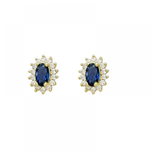 925 Ασήμι Επιχρυσωμένα Σκουλαρίκια Ροζέτα με Λευκά και Μπλε Ζιργκόν SSER104CCS