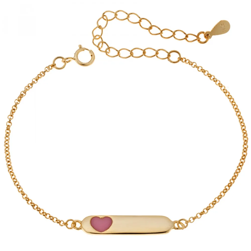 SENZA Παιδικό Επιχρυσωμένο Βραχιόλι από Ασήμι 925, Ταυτότητα με Ροζ Καρδιά SSR1694GD