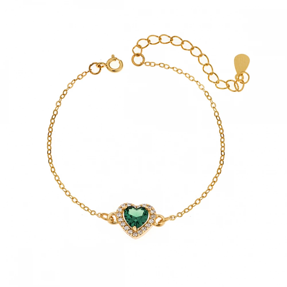 SENZA Βραχιόλι επιχρυσωμένο ασήμι 925, "Καρδιά" με Πράσινο και Λευκά ζιργκόν SSR2813-6GD