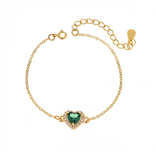 SENZA Βραχιόλι επιχρυσωμένο ασήμι 925, "Καρδιά" με Πράσινο και Λευκά ζιργκόν SSR2813-6GD