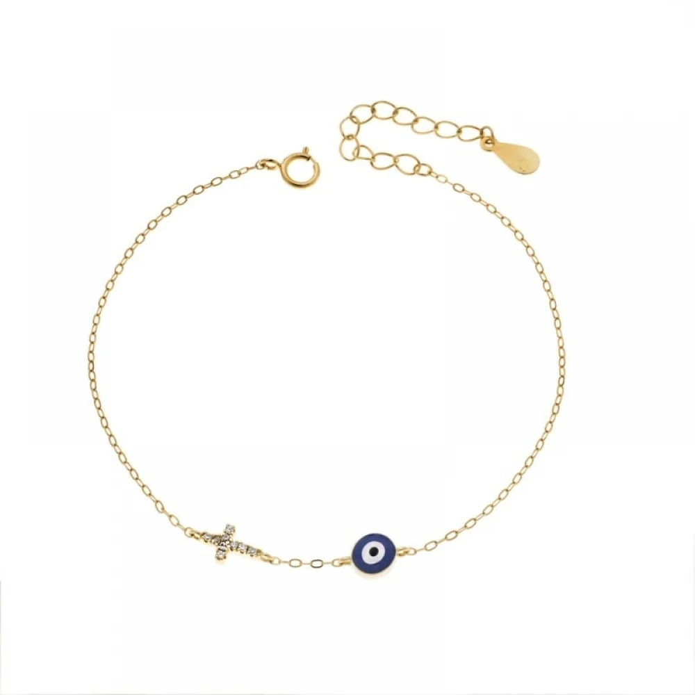 Senza Επιχρυσωμένο Βραχιόλι Silver 925, με "Ματάκι", Σταυρό και Ζιργκόν SSR3038GBL