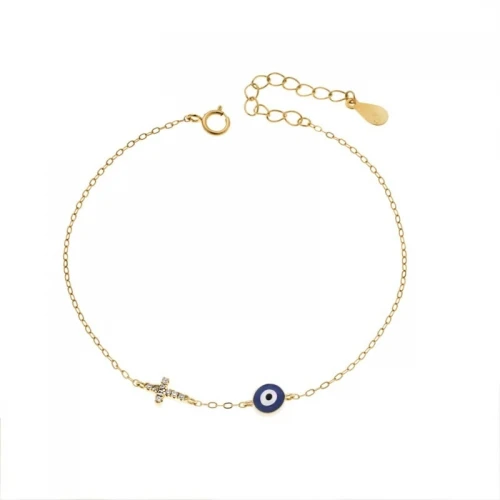 Senza Επιχρυσωμένο Βραχιόλι Silver 925, με "Ματάκι", Σταυρό και Ζιργκόν SSR3038GBL