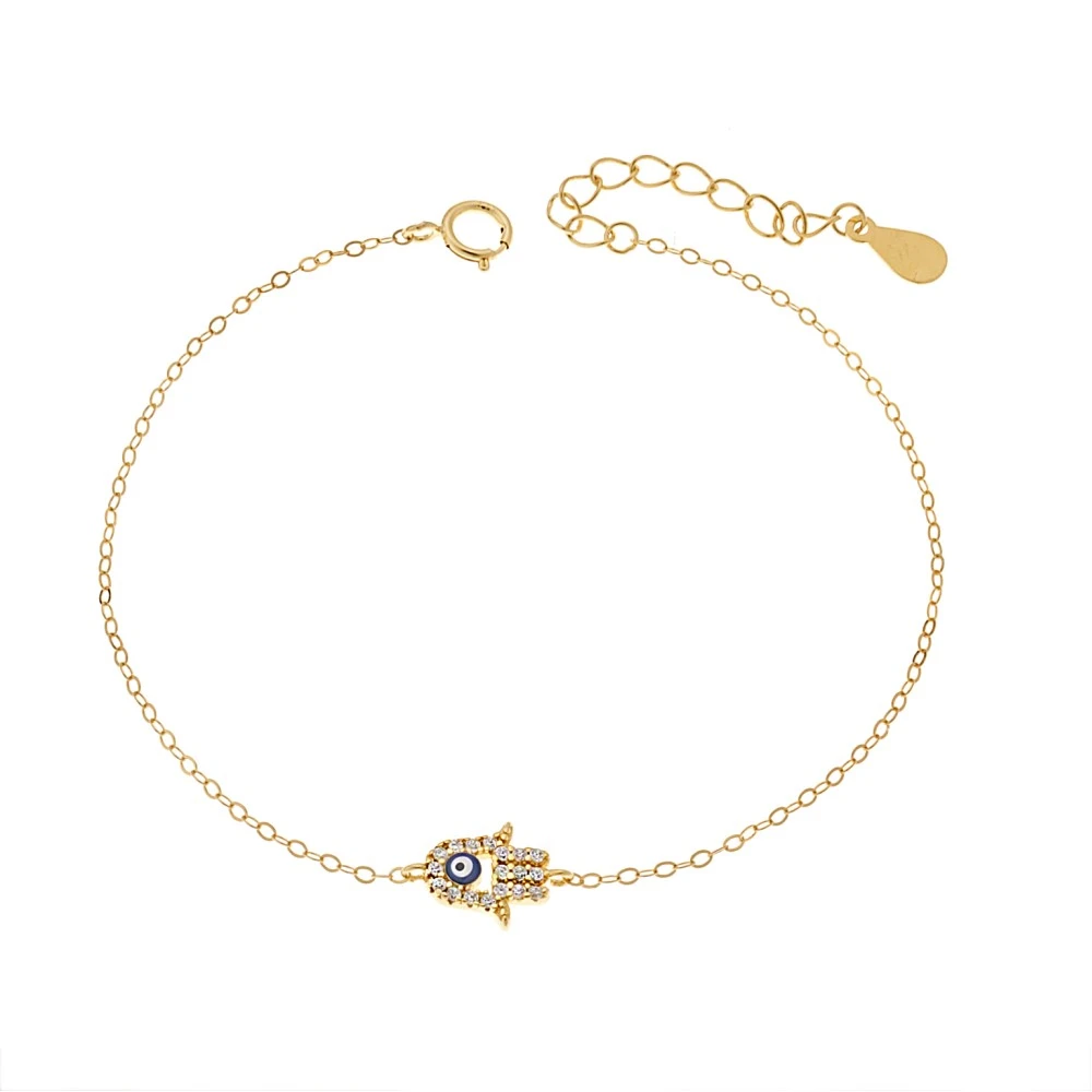 SENZA Επιχρυσωμένο Βραχιόλι από Ασήμι 925, "Ματάκι" σμάλτο με Χέρι της Τύχης και ζιργκόν SSR3270GBL